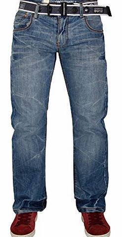 Crosshatch Mens Crosshatch Denim Zip Fly Free Belt Jeans Stone Wash 32 waist 34 Length