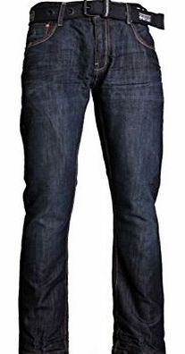 Mens Dark Wash, Straight leg Jeans With Printed Belt. Style - Techno. Waist - 30`` Leg - 32`` Reg