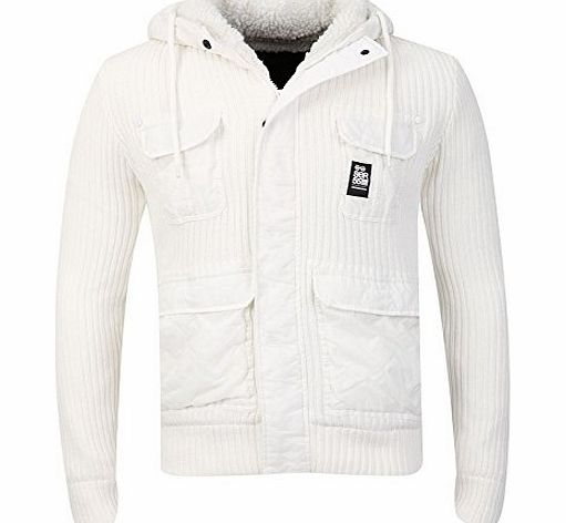 Crosshatch Mens Off White Crosshatch Arndale Knitted Fleece Lined Hooded Cardigan Jacket Size S