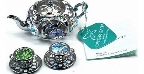  Tea Pot & Tea Cup Ornament With Swarovski Crystals