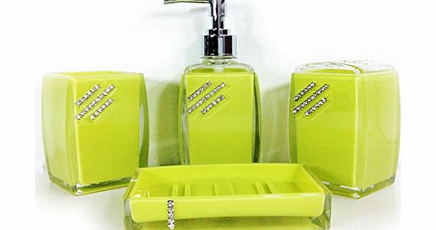 CUSHIONMANIA Bathroom Accessory Set 4 piece Soap Dish Dispenser Tumbler Toothbrush Holder diamante 3 colours (LIME GREEN)