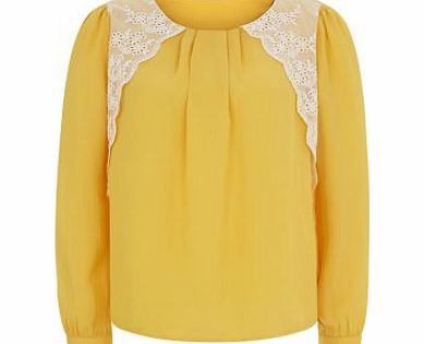 Cutie Yellow Contrast Floral Lace Panel Blouse