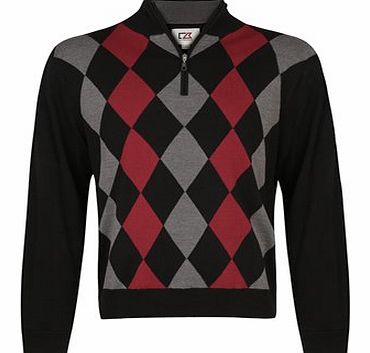 Cutter and Buck Golf Zip Neck Argyle Windblock Lined Sweater in Black Medium