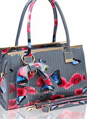 CW Ladies Womens Fashion Designer Patent Poppy Butterfly Print Shoulder Bag Hot Selling Shinny Cross Body Handbag CWRJ150601 CWP1501-PB (Dark Grey (W))
