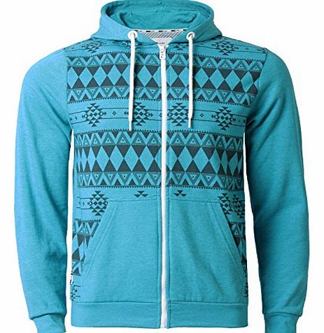 Mens Fleece Hoodie Aztec Print Full Zip Hooded Sweatshirt Jacket D Code 1E 2055, Mid Turquoise Marl, X-Large