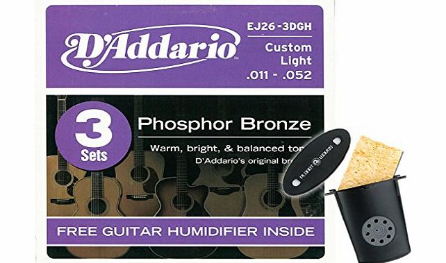 DAddario EJ26-3D Custom Light Phosphor Bronze Acoustic Guitar Strings with Free Humidifier (Pack of 3)