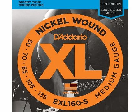 DAddario EXL160-5 XL Nickel Wound Medium (.050-.135) 5-String Electric Bass Guitar Strings