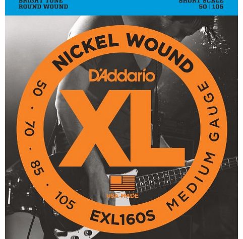 DAddario EXL160S XL Nickel Wound Medium (.050-.105) Short Scale Electric Bass Guitar Strings