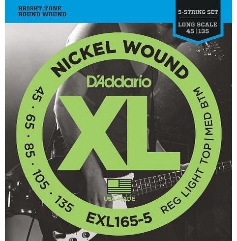 DAddario EXL165-5 XL Nickel Wound Regular Light Top/Medium Bottom (.045-.135) 5-String Electric Bass Guitar Strings