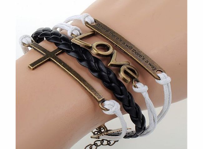 DADITONG  Bronze Infinity Lady Retro Knit Cross Love/Rudder Anchor/Love Charms Suede Wrap Bracelet (Black amp; White)