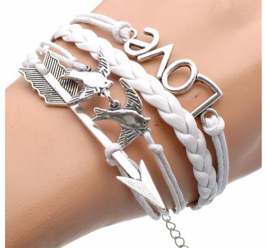 DADITONG  Fashion Lady Retro Knit Love Bird Arrow 4 Strands Suede Rope Bracelet White
