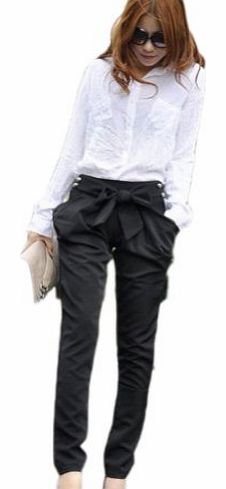  Fashion Women Harem Skinny Long Trousers OL Casual Slim Bowknot Black/ Khaki (M, Black)
