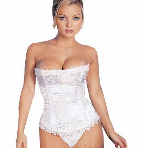 Damentraum Sexy White Wedding Bridal Bridesmaid Embroidered Satin fully steel boned Adjustable Lace up back Bustier Corset Basque with Suspenders Thong (UK SIZE 10-12 M)