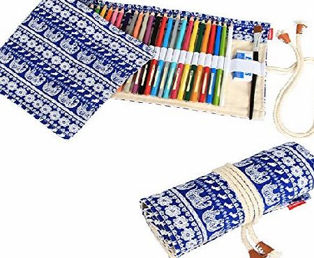 Damero Canvas Pencil Wrap Case, Pencils Roll Hold for 72 Colored Pencils (NO Pencils Included), Retro Elephant, 72 Holes