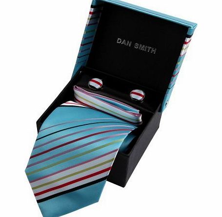 DAN SMITH DAD1002 Blue Stripes Business Groomsmen Tie Cufflinks Hanky Matching Same Fabric Box Set Dan Smith