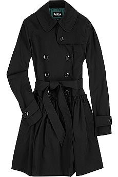 Black cotton blend trench coat with a skirted section.