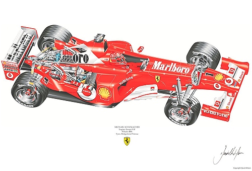 David Wilson Ferrari F2003GA Cut Away - M.Schumacher signed by artist Measures 48cm x 32cm (19x13)