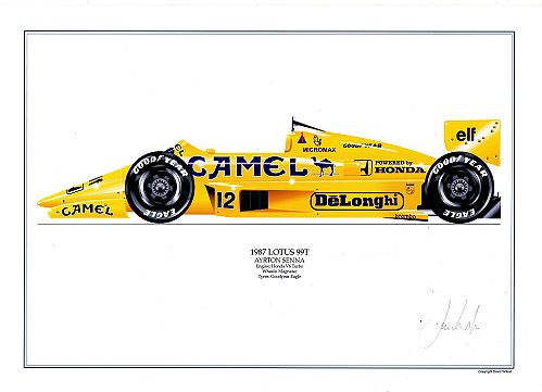 David Wilson Lotus 99T - A.Senna signed by artist Measures 48cm x 32cm (19x13)