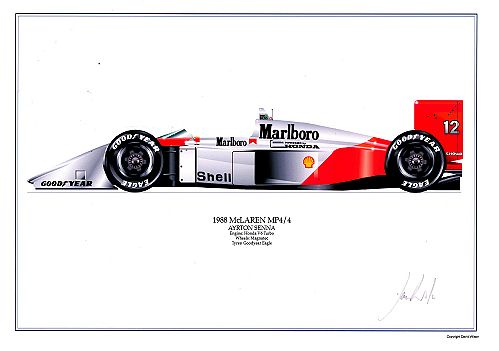 David Wilson McLaren MP4/4 - A.Senna signed by artist Measures 48cm x 32cm (19x13)