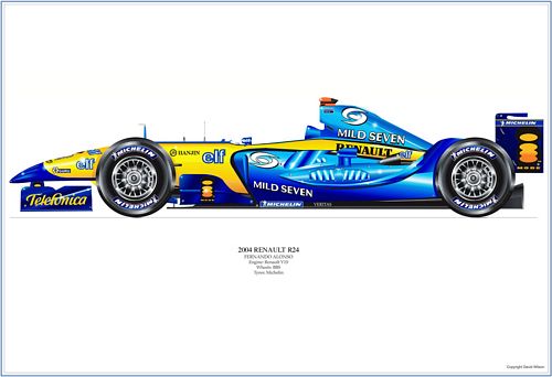 David Wilson Renault R24 2004 Print - Fernando Alonso Signed by the artist Measures 48cm x 32cm (19``x13``)