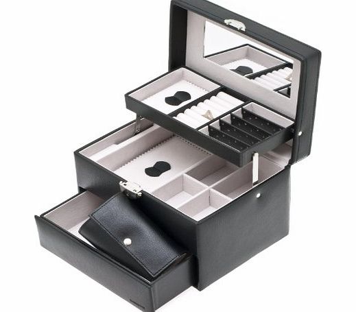 Davidts Euclide jewellery box with auto opening drawers, sectioned trays, mirrored lid