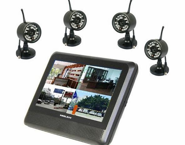 Wireless 4CH Quad Home security system 2 digital Cameras with 7`` TFT LCD DVR