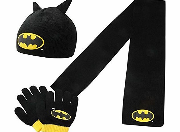 DC Comics Batman Kids Childrens Boys 3 Piece Set Junior Scarf Beanie Hat Gloves Black/Yellow Junior