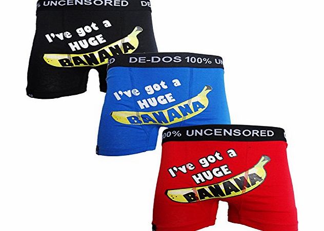 DE DOS Mens De-Dos Designer Novelty Rude Boxer Trunks Funny Shorts Underwear Pants (XX-LARGE, HUGE BANANA 3 PACK)