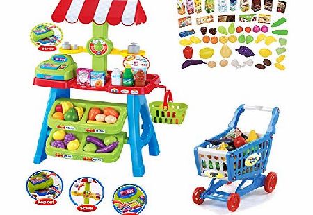 (VTM SPC-B) deAO� Kids Market Stall Toy Shop amp; Shopping Trolley amp; Play Food