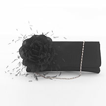 Black satin clutch bag with corsage