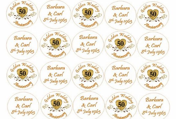 Golden Wedding Anniversary Cupake Toppers - Personalised Names and Wedding Anniversary Date - 50th Anniversary Cake Decorations - Edible Icing or Wafer - 4.5cm x 24 (send us your names and date by usi