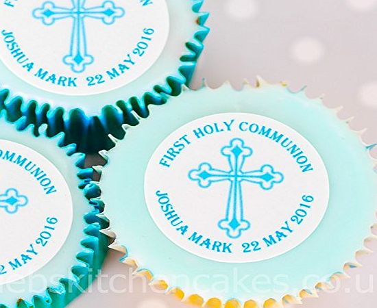 Debs Kitchen Cakes Personalised Holy Communion Cake Toppers - Blue Boys Holy Communion Cupcake Decorations - 4cm x 24 - Wafer or Icing (Wafer)