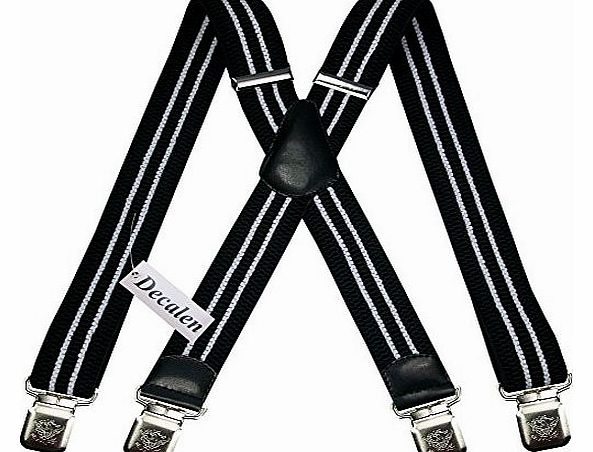 Decalen Mens braces wide adjustable and elastic suspenders X shape with a very strong clips - Heavy duty - Black