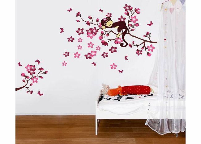 Sleeping Monkey on Pink Flower Tree Wall Sticker for children bedroom baby nursery