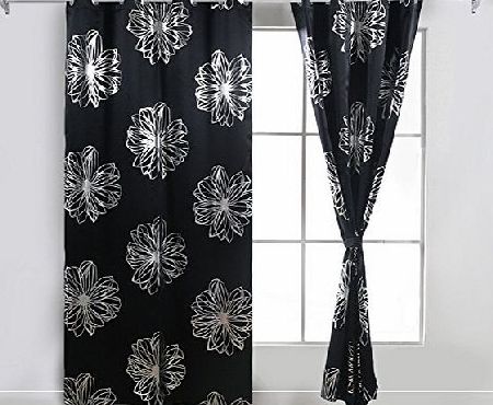 Deconovo Eyelet Curtains Ready Made Foil Print Floral Thermal Insulated Ring Top Blackout Curtains for Living Room with Two Tie Backs 46 x 90 Inch Black 1 Pair