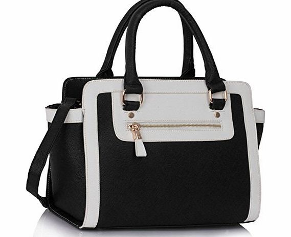Ladies Designer Style Grab Tote Handbag Black White Shoulder Bag