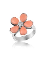 Diamond and Pink Coral Flower 18K Gold Ring