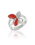 Diamond and Red Coral Butterfly 18K Gold Ring