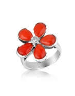 Diamond and Red Coral Flower 18K Gold Ring