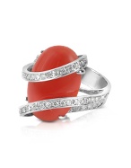 Red Coral Diamond Channel 18K Gold Ring