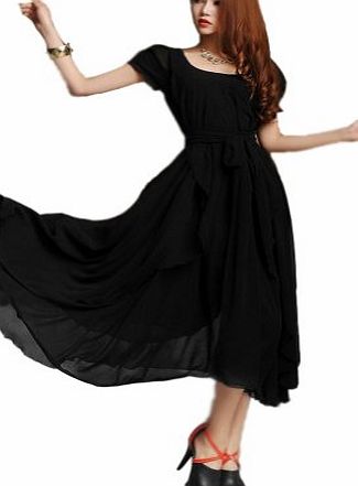 Demarkt New Womens Chic Irregular Bohemian Style Dress Party Ball Gown Chiffon Vogue Boho Evening Dress with Belt Cocktail/Club/Party Costume Casual Wear (L, Black)