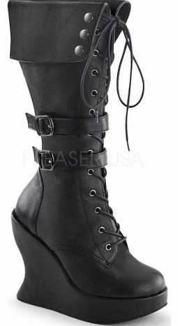 Demonia  BRAVO-114 Womens Hot Fashion 5`` Wedge Platform, Lace Up Knee High Boot, Color:BLACK PU, US Size:6