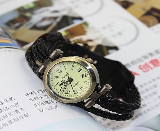 Denis Charm 5 Color New Retro ROMA Bronze Ladies Woven Rope Around Leather Bangle Bracelet Quartz Woman Wrist Watch Vintage Gift (Black)