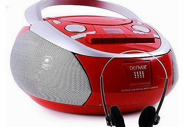 Top loading CD player Cassette Deck USB port FM Radio Stereo Boombox Denver TCU-60 red + Headphones
