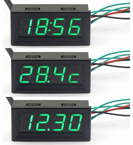 12V Digital Car Auto Clock Thermometer Sensor Volmeter Green LED 3in1 Meter