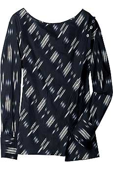 Black Ikat print cotton blouse with wide neck and button trim shoulder seams.