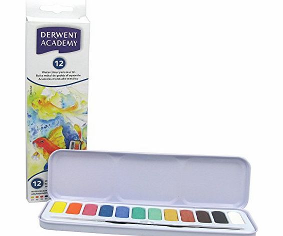 Derwent Academy Watercolour Painting Pans Tin Coloured Paint Blocks with Paintbrush and Mixing Palette (Set of 12)