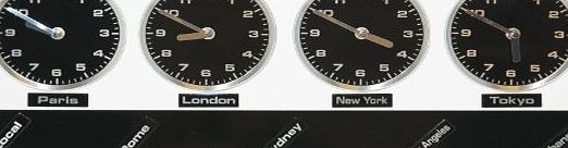 Design France Jet Lag city time zone metal wall clock - 4 clocks, 9 city labels - black amp; white