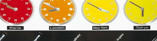 Design France Jet Lag city time zone metal wall clock - 4 clocks, 9 city labels - multicoloured
