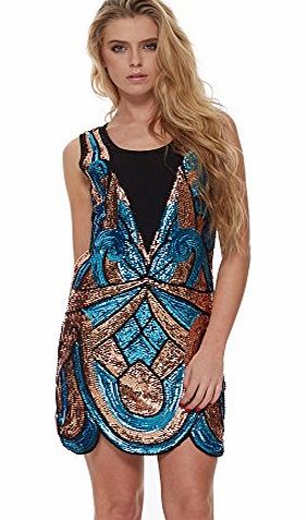 Designer Desirables Turquoise amp; Bronze Sequinned Flapper Party Dress UK 12 Turquoise